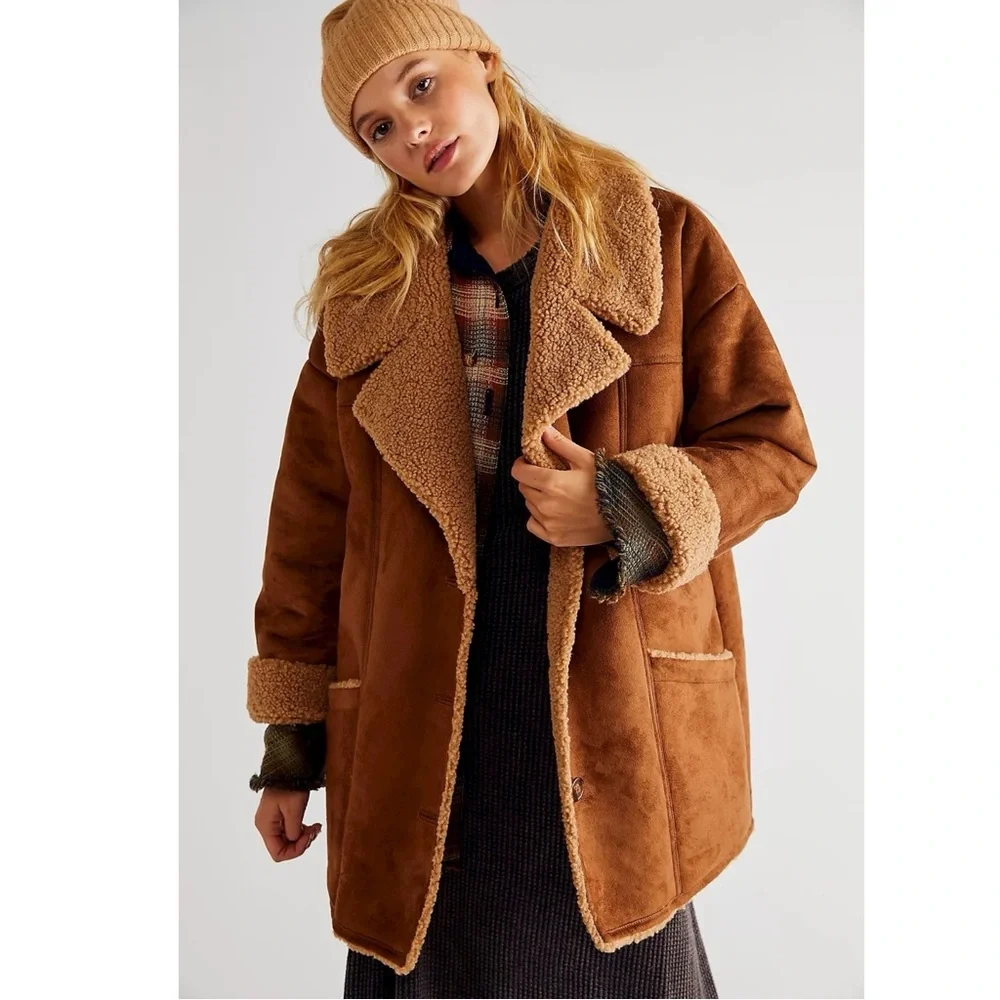 Free People Western Bohemian Retro 70s Winter Faux Sherpa Suede Diogo Coat Small - Picture 3 of 14